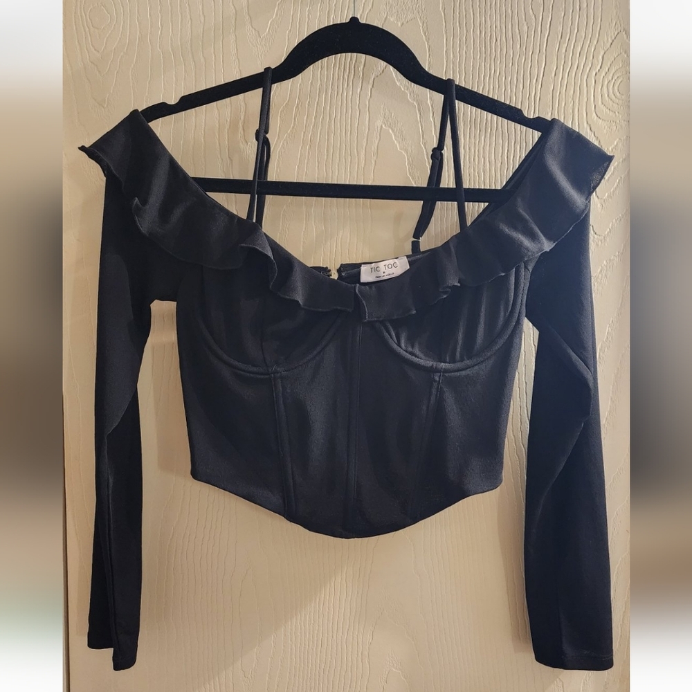 Long-sleeved Black Ruffle Corset Top
